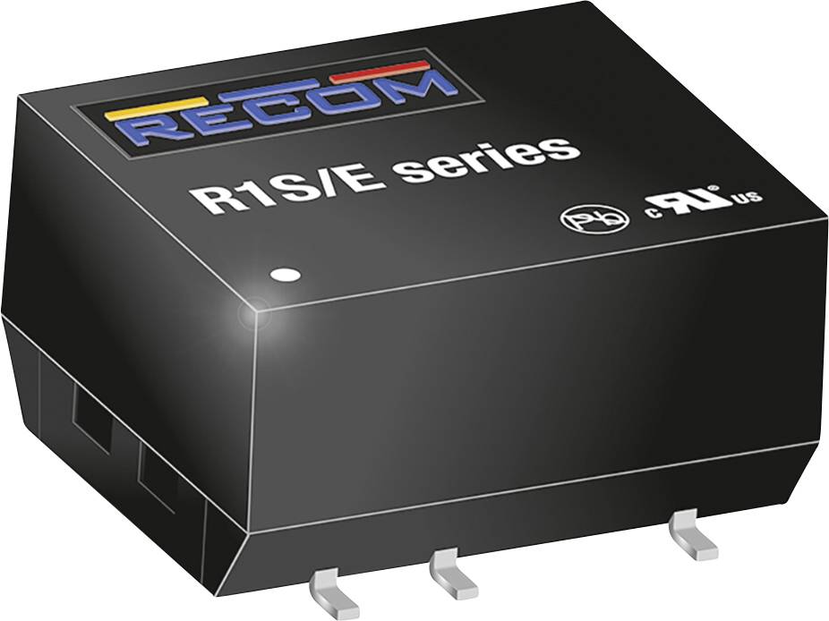 Napäťové transformátory série RECOM R1S/E v čiernom puzdre s vytlačeným logom značky a certifikátmi.