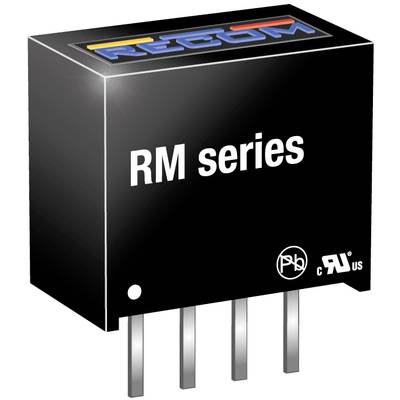 Obrázok znázorňuje elektronickú súčiastku typu 'RM series' od spoločnosti RECOM so štyrmi pripájacími kolíkmi.