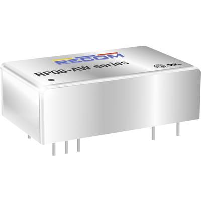 DC-DC menič série 'RP08-AW' od RECOM, strieborné púzdro s viacerými kolíkmi na spodnej strane, vhodný pre elektronické aplikácie.