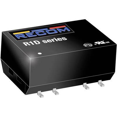 Čierny obdĺžnikový DC/DC menič série 'R1D' od spoločnosti RECOM so štyrmi kovovými kolíkmi na elektrické pripojenie.