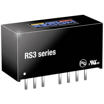 Kompaktná, obdĺžniková elektronická súčiastka s nápisom 'RS3 series', viacerými kovovými pinmi dole a logom 'RECOM' hore.