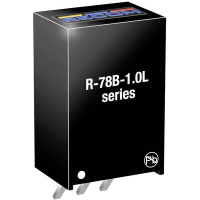 Čierny DC/DC menič s tromi striebornými pripájacími kolíkmi s nápisom 'R-78B-1.0L séria'.