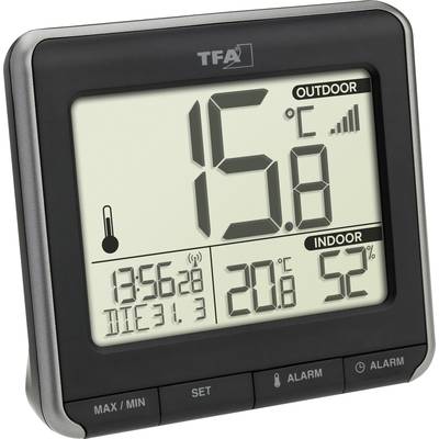 Digitálny teplomer s teplotou 15,8°C vonku a 20,8°C vnútri, vlhkosť vzduchu 52%. Čas 13:56.