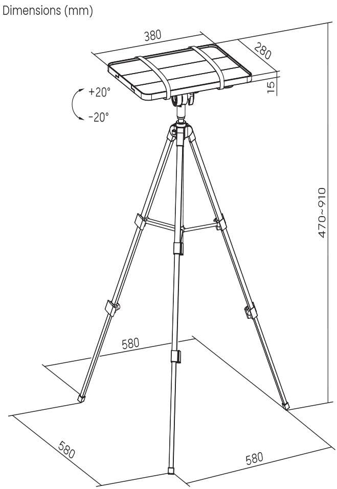 'Technický výkres nastaviteľného statívového stojana s rozmermi. Výška 470–910 mm, šírka 380 mm, hĺbka 280 mm, náklon ±20°.'