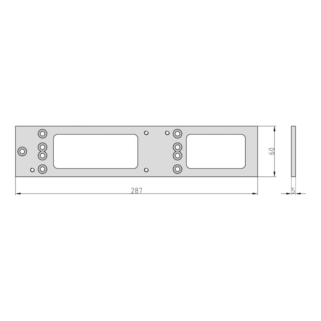 Technický výkres obdĺžnikovej kovovej dosky s rozmermi 287 x 60 mm a hrúbkou 5 mm, s razenými otvormi.