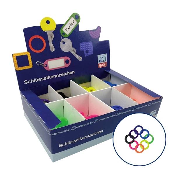 Výber farebných kľúčeniek v displeji. Hore sú symbolické kľúče a slovo 'Pivnica'.