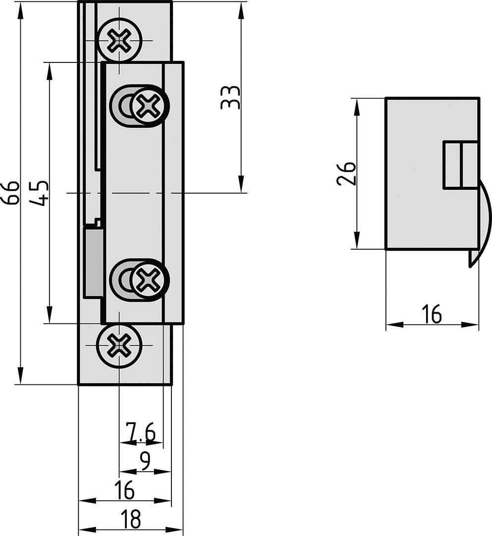 Technický výkres dverného zatvárača s rozmermi. Dĺžka je 66 mm, šírka 18 mm. Bočný pohľad znázorňuje detaily montáže.