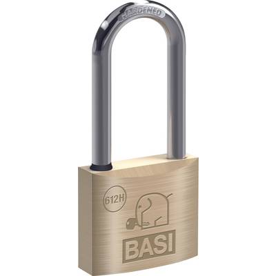 Mosadzný visiaci zámok s kaleneným oceľovým zvratnikom; zámok je rytý s nápisom "BASI" a logom slona.