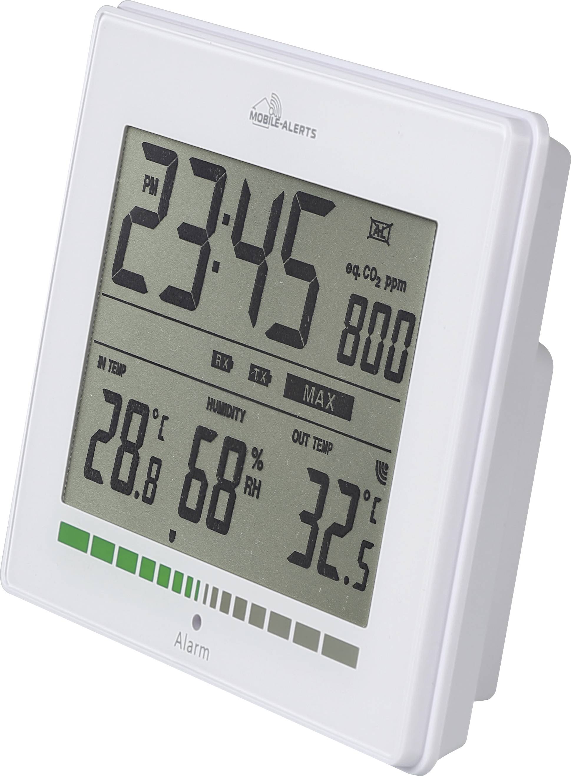 Digitálny displej zobrazuje čas '23:45', obsah CO2 '800 ppm', vnútornú teplotu '28,8 °C', vlhkosť vzduchu '68%', vonkajšiu teplotu '32,5 °C'.