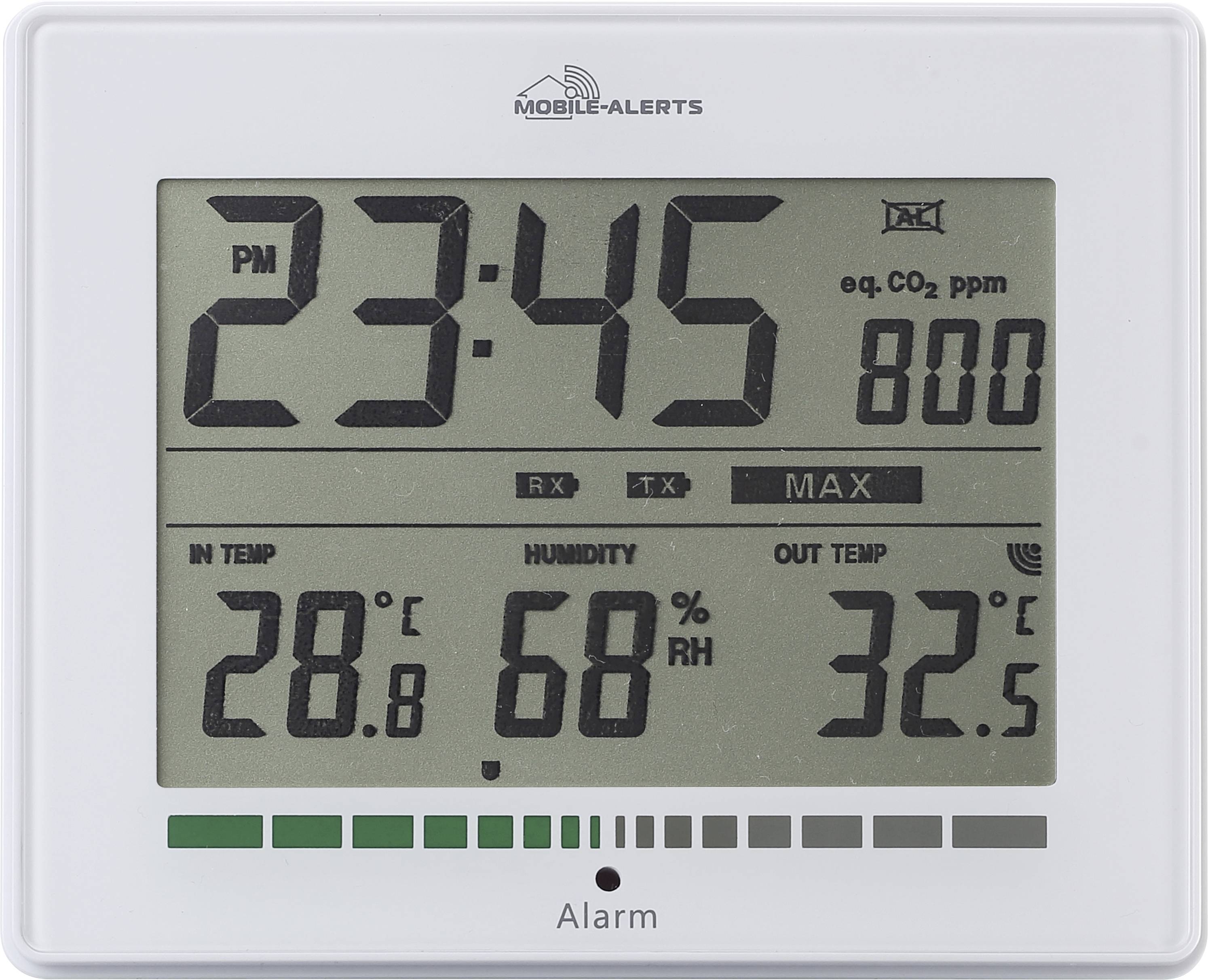 Digitálny teplomer a hygrometer ukazuje 23:45. Vnútorná teplota 28,6°C, vlhkosť vzduchu 68%, vonkajšia teplota 32,5°C, obsah CO2 800 ppm.
