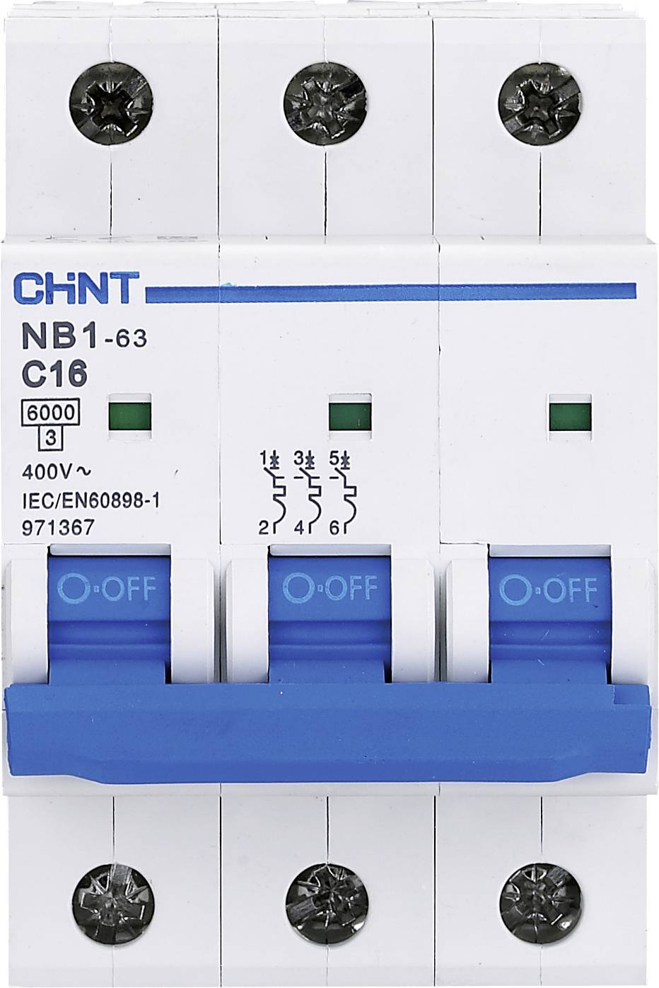 Trojpólový ochranný istič 'Chint NB1-63 C16' s modrými pákovými spínačmi, vhodný pre 400V a 6000A.