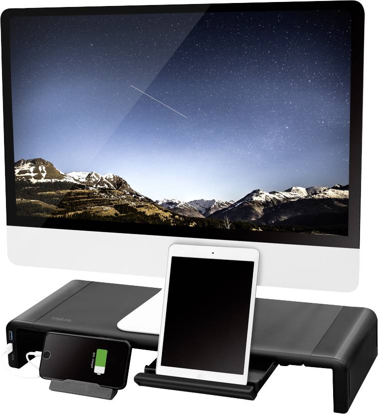 Počítačový monitor s krajinou v pozadí, obklopený tabletom a smartfónom, ktoré stoja na čiernom stojane.