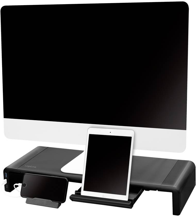 Počítačový monitor umiestnený na čiernom stojanе, pod ktorým sú položené tablet a smartfón.