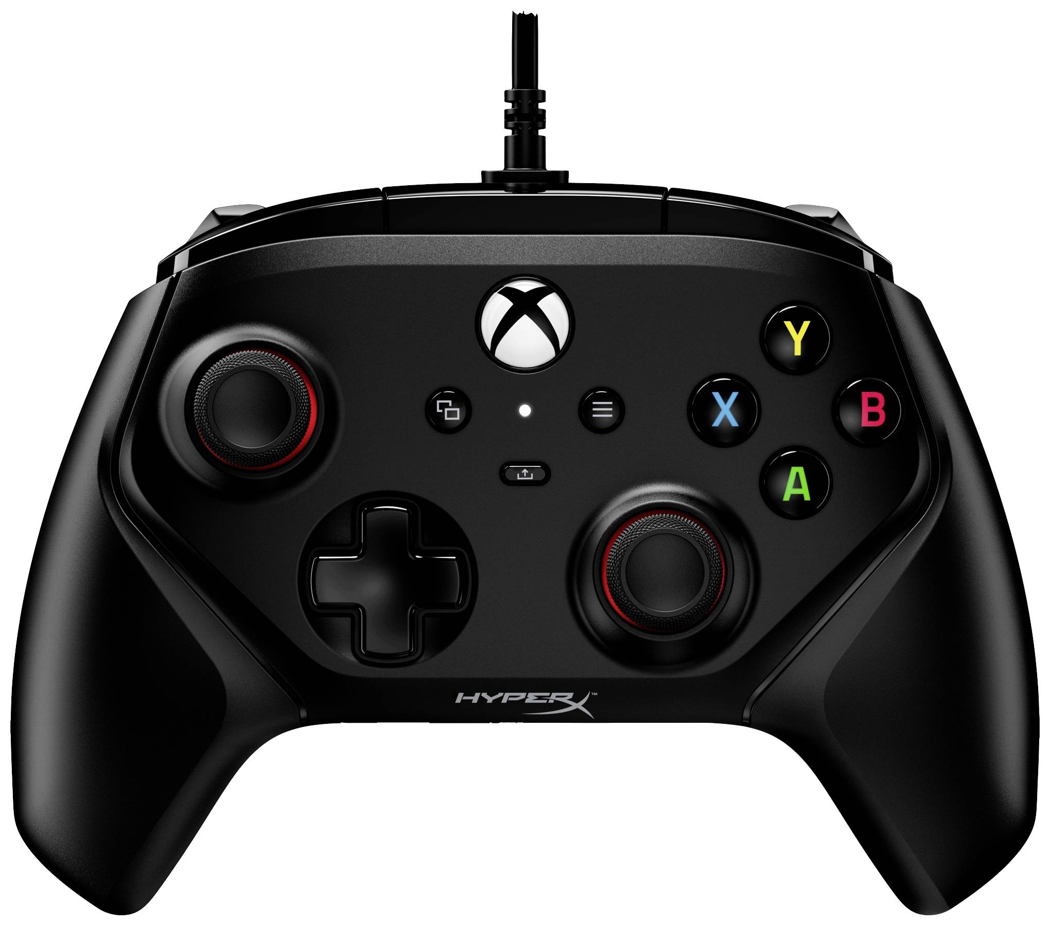 Čierny herný ovládač s tlačidlami, analógovými páčkami a smerovým krížom, vhodný pre Xbox hry.