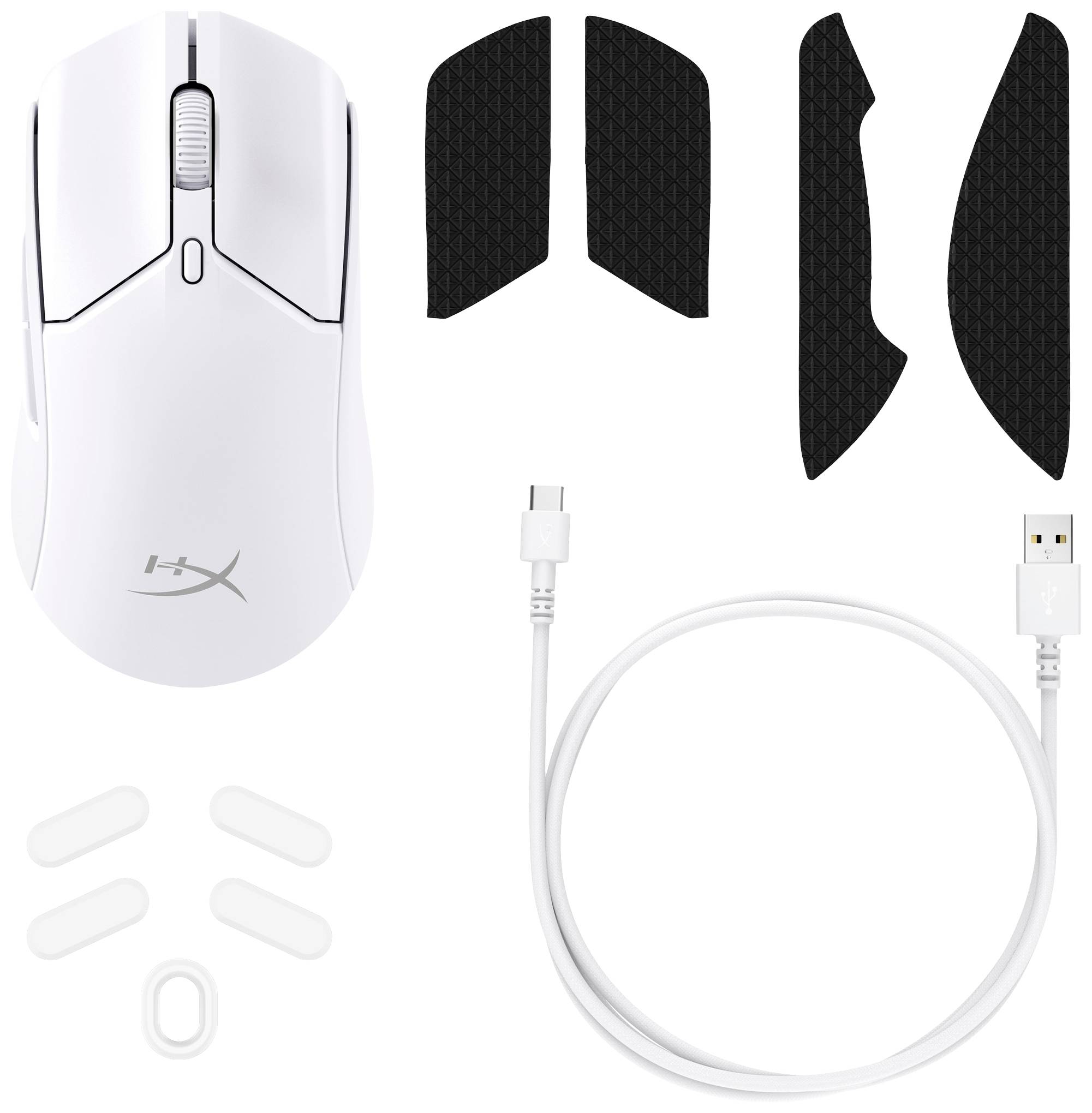 Biela herná myš s USB-C káblom, náhradnými gumenými úchopmi a náhradnými klznými podložkami.