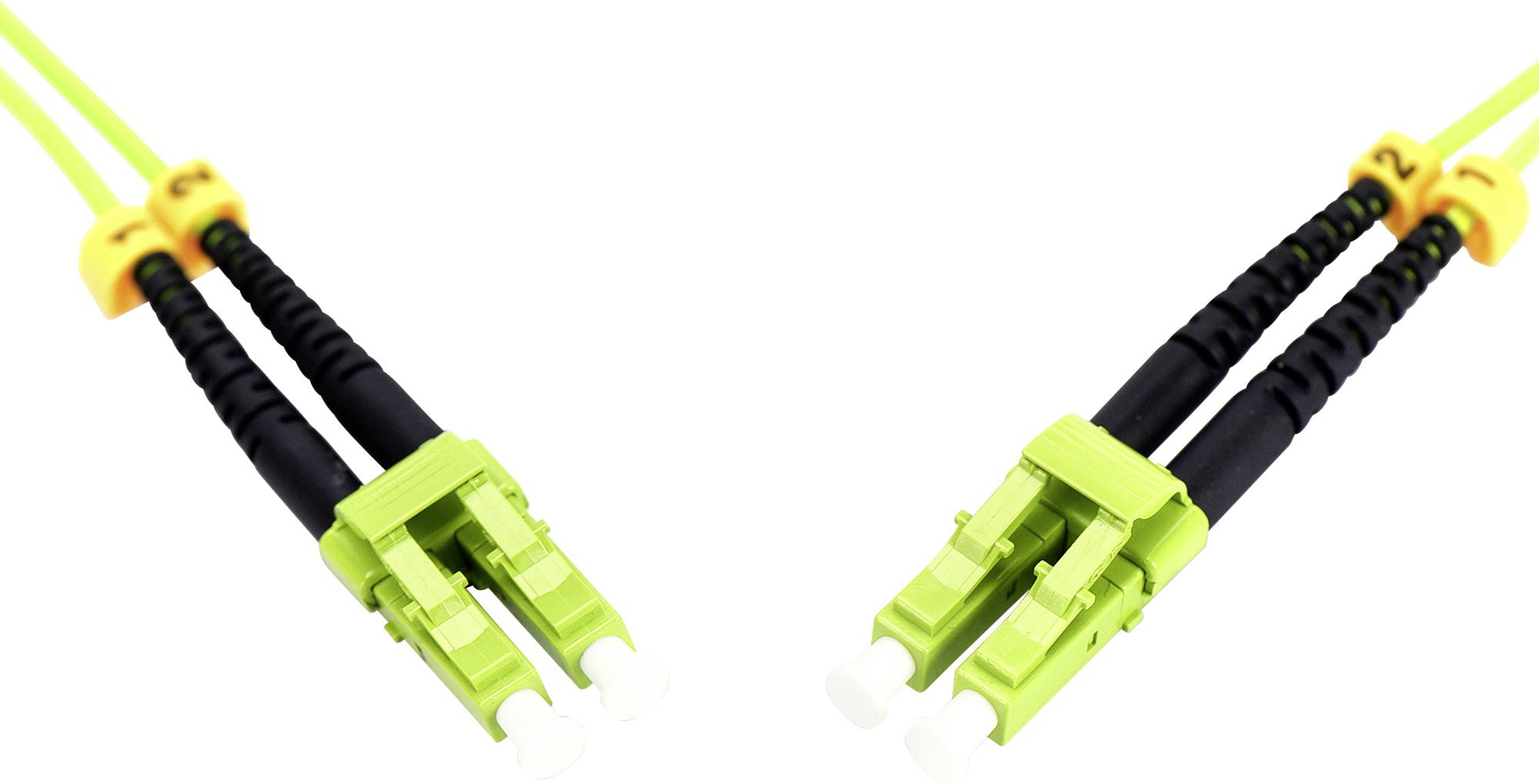 Dva zelené duplexné LC optické konektory so žltými značkami na koncoch. Slúžia na prepojenie optických káblov v sieťach.