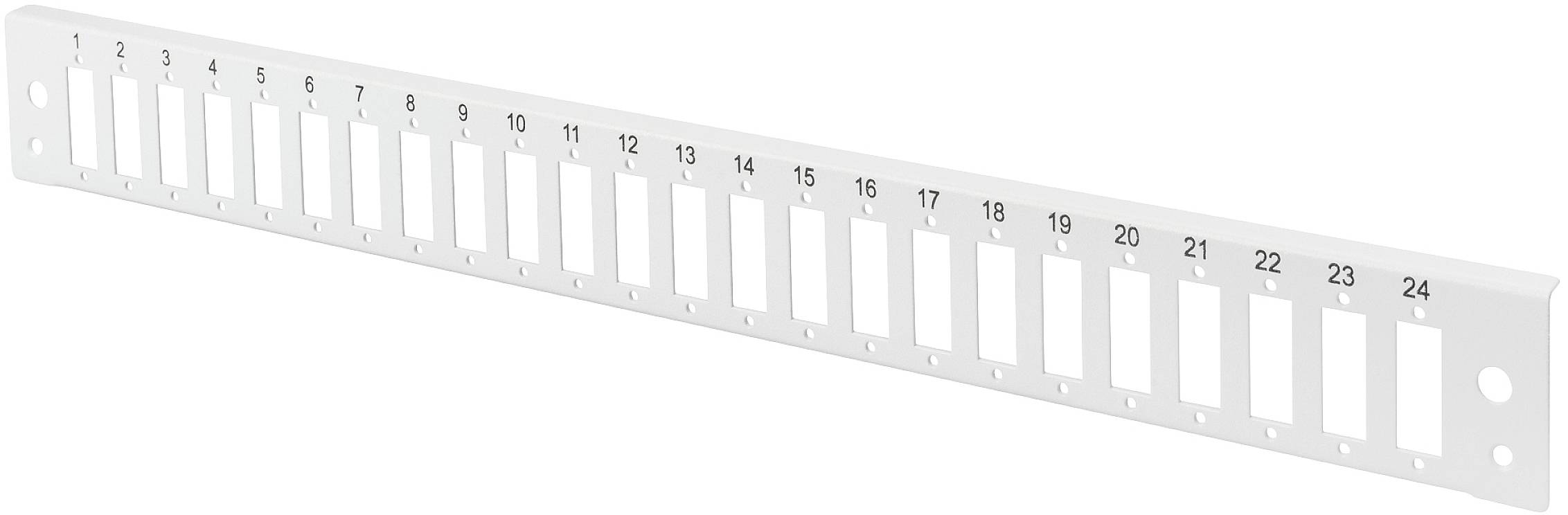 Biela patch panel predná doska s 24 číslovanými portami, vhodná pre sieťové zapojenia v serverových stojanoch.