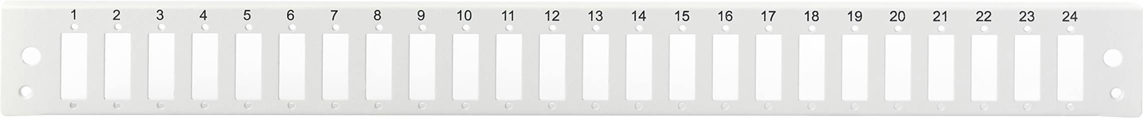 Lineárny biely patch panel s 24 číslovanými portami, číslovanými od 1 do 24, s kruhovými montážnymi otvormi na koncoch.