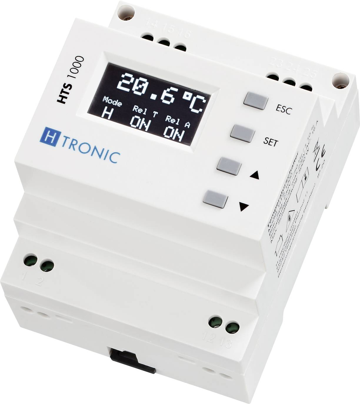 Biele riadiace zariadenie s displejom zobrazuje '20,6°C'. Tlačidlá: 'ESC', 'SET', šípky. Značka 'H-Tronic HTS 1000'.