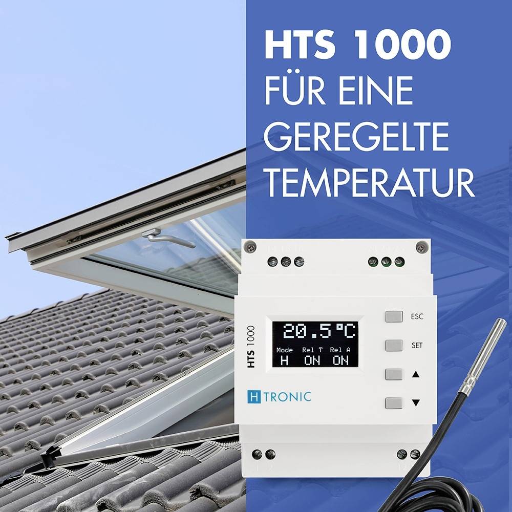 Digitálny termostat HTS 1000 od H Tronic na reguláciu teploty. Umiestnený vedľa otvoreného okna. Na displeji je zobrazená teplota '26,5°C'.