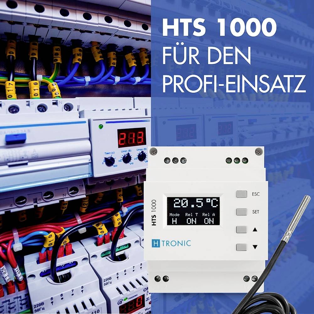 'HTS 1000 pre profesionálne použitie' je napísané vedľa elektrického riadiaceho zariadenia v rozvádzači. Je znázornený teplotný snímač.