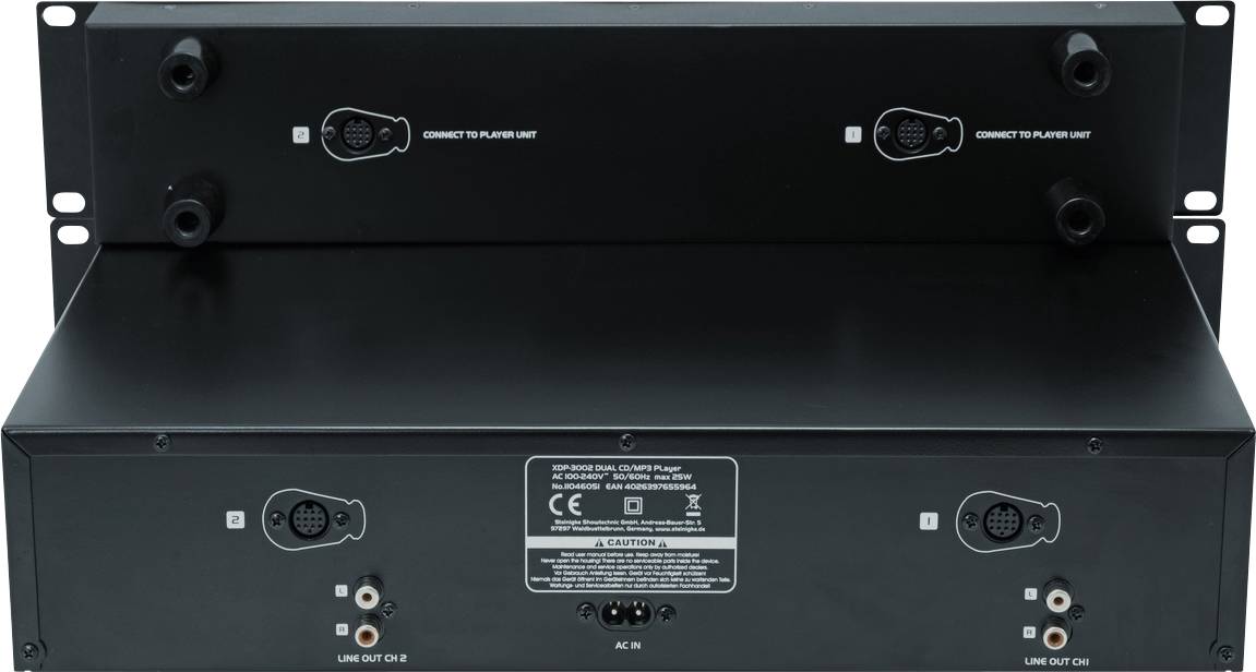 Zariadenie s konektormi a štítkami na zadnej strane, vrátane napájania, linkových výstupov a značky CE.