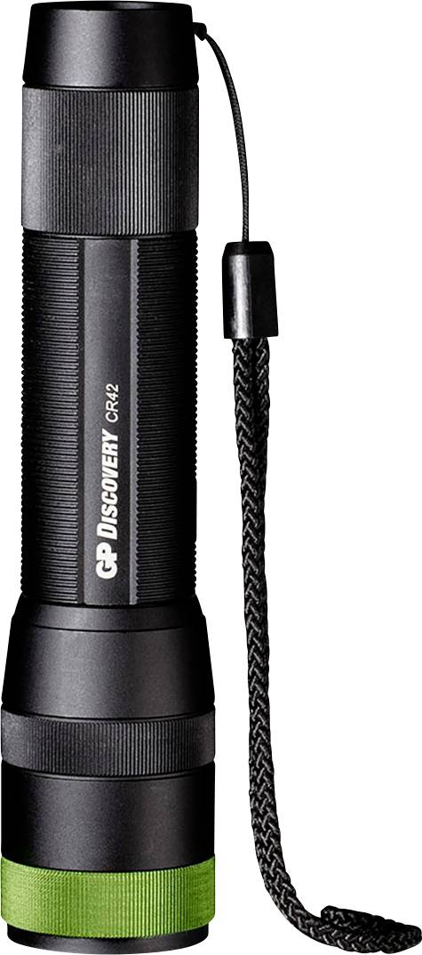 Čierna LED baterka so zeleným akcentom a pútkom na ruku, vhodná pre outdoorové aktivity a každodenné použitie.