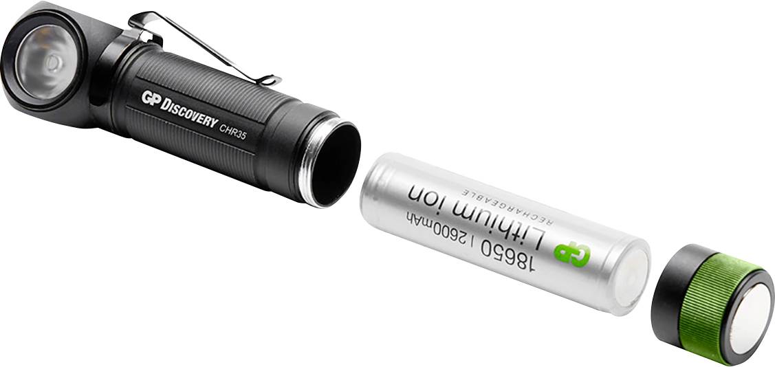 Čierna baterka so zloženým krytom, vedľa nej lítiovo-iónová batéria.