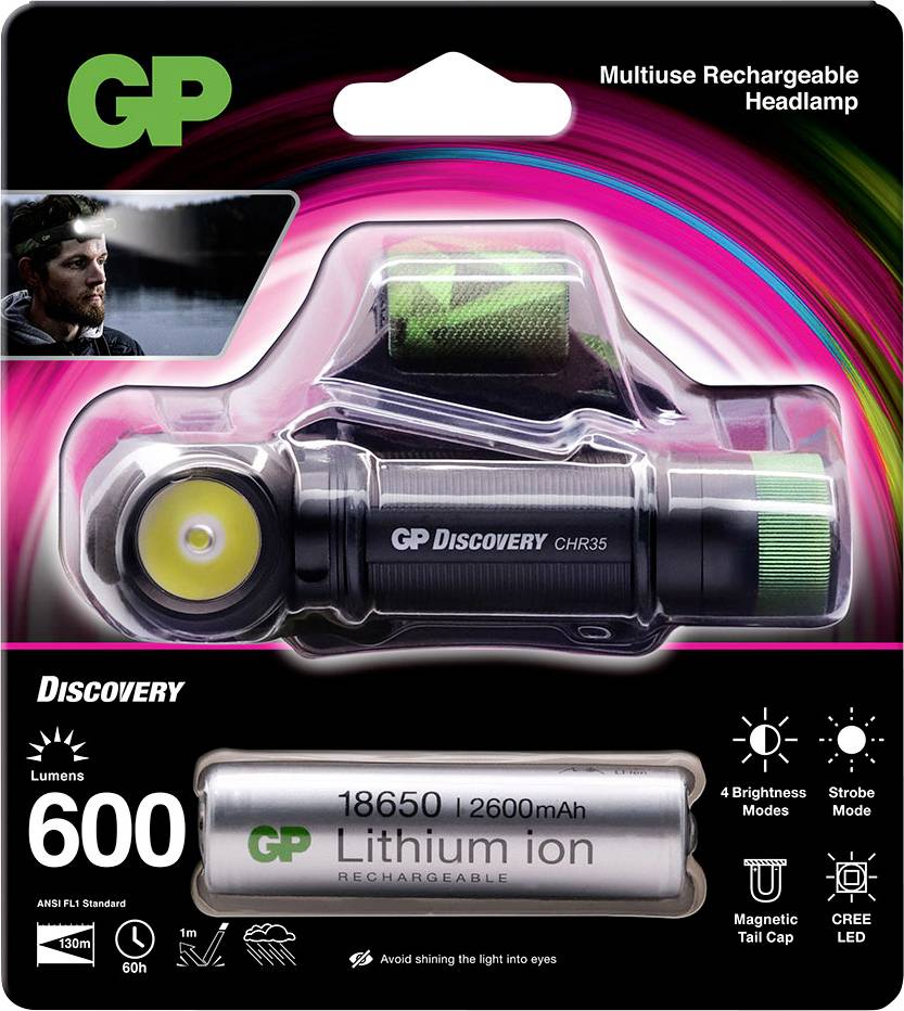 Multifunkčná nabíjateľná čelovka s názvom 'GP Discovery'. Balenie zobrazuje lampu a batériu, 600 lúmenov.
