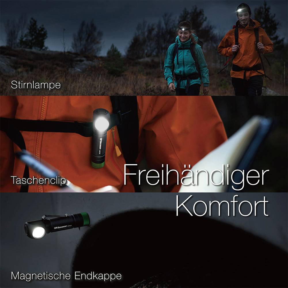 Osoby v noci s čelovkami, klip na opasok pre pohodlné bezručné používanie, magnetický uzáver. Vonkajšie osvetlenie.