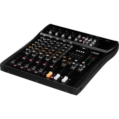 Čierna audiokonzola so viacerými regulátormi, gombíkmi a vstupnými konektormi, vhodná pre audio produkciu a mixovanie.