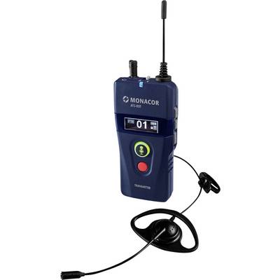 Monacor ATS-80T vysielač s mikrofónom a anténou, používaný na audio prenosy. Má displej a ovládacie tlačidlá.