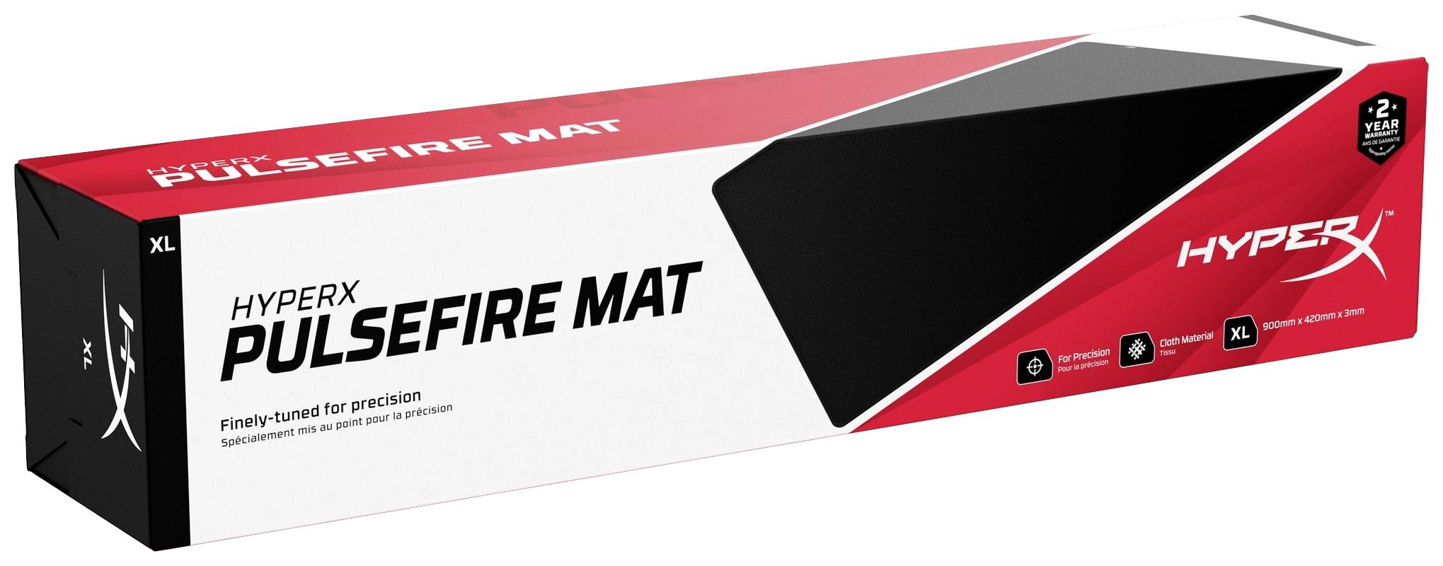 'Veľká čierna herná podložka pod myš značky HyperX, model Pulsefire Mat. Obdĺžniková škatuľa s červeno-bielymi grafickými prvkami.'