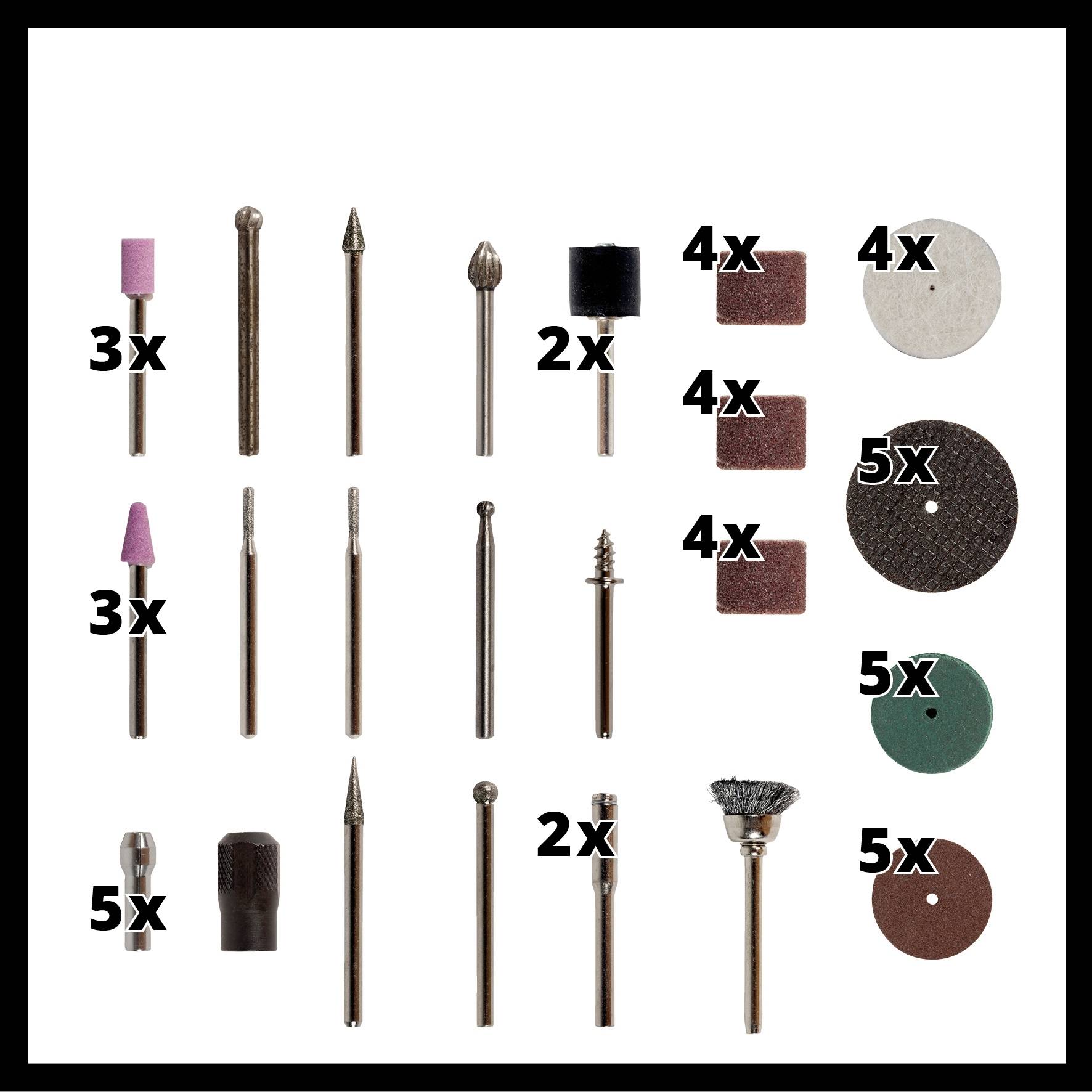 Súprava vrtacieho príslušenstva s rôznymi nadstavcami: brúsne hlavy, frézovacie nadstavce, brúsne kotúče a leštiaca kefa. Obsahuje viaceré jednotky každého druhu.