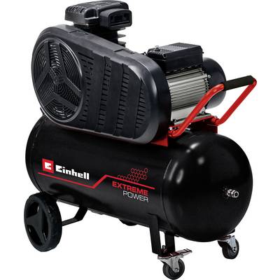 Čierny prenosný kompresor Einhell Extreme Power s nádrží, kolesami a rukoväťou na bielom pozadí.