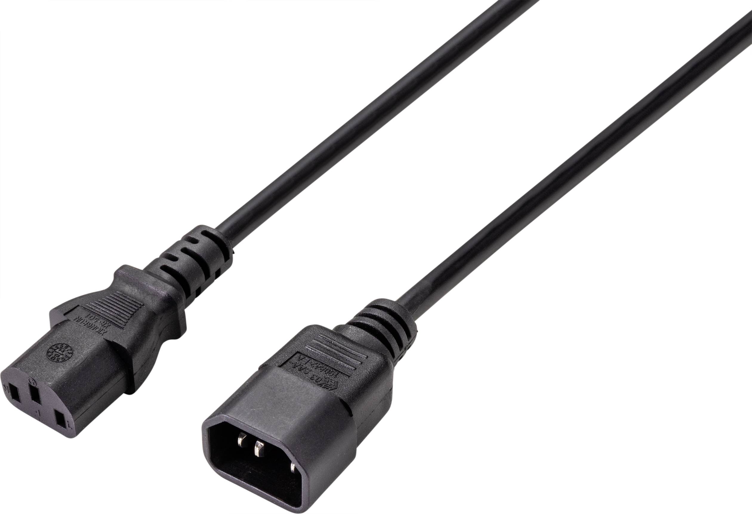 Čierny sieťový kábel s dvoma konektormi, samičkovým a samčekovým koncom, určený na pripojenie elektronických zariadení k elektrickým zdrojom.