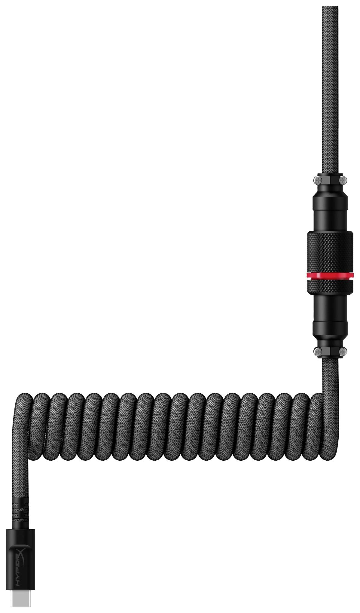 Čiernobiely špirálový kábel s červeným akcentným prstencom a konektormi na oboch koncoch, vhodný pre technické zariadenia.