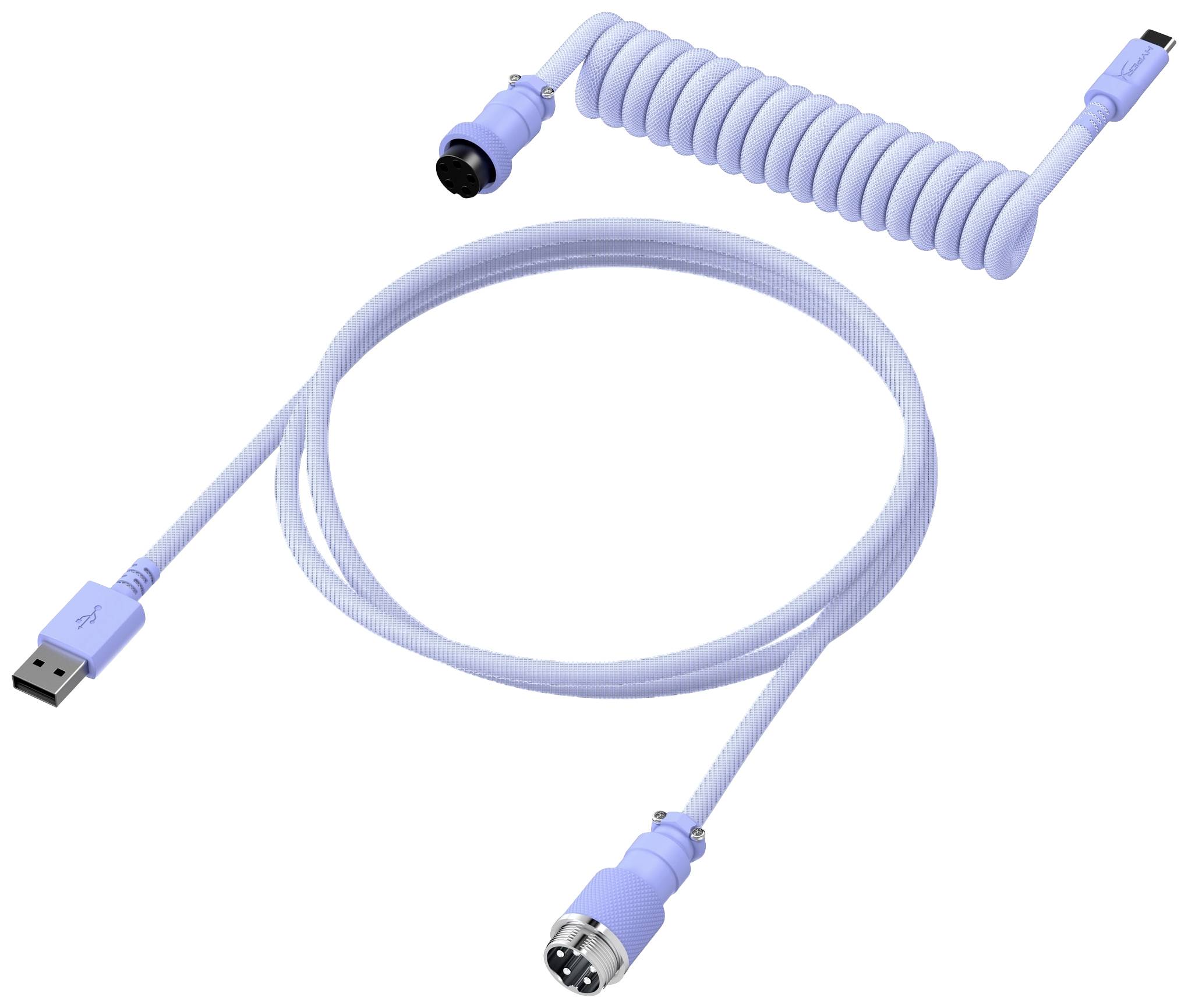 Fialový špirálový USB kábel s USB-A a 5-pinovým DIN konektorom. Flexibilný pre rôzne požiadavky na pripojenie.