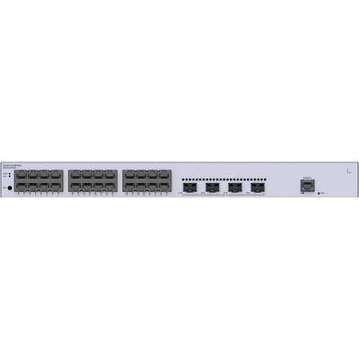 Sivý sieťový switch s viacerými ethernetovými portami, usporiadaný v troch veľkých blokoch na ľavej strane a ďalšími portami na pravej strane, vhodný pre IT prostredia.