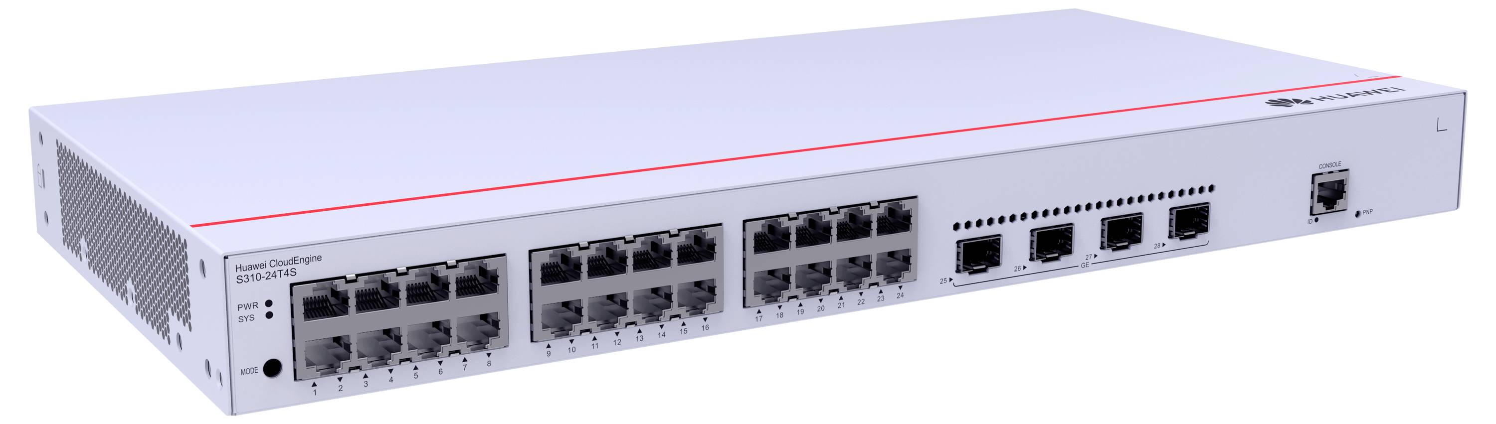Biely sieťový switch s viacerými ethernetovými portami, vhodný pre IT infraštruktúry na prepájanie zariadení v sieti.