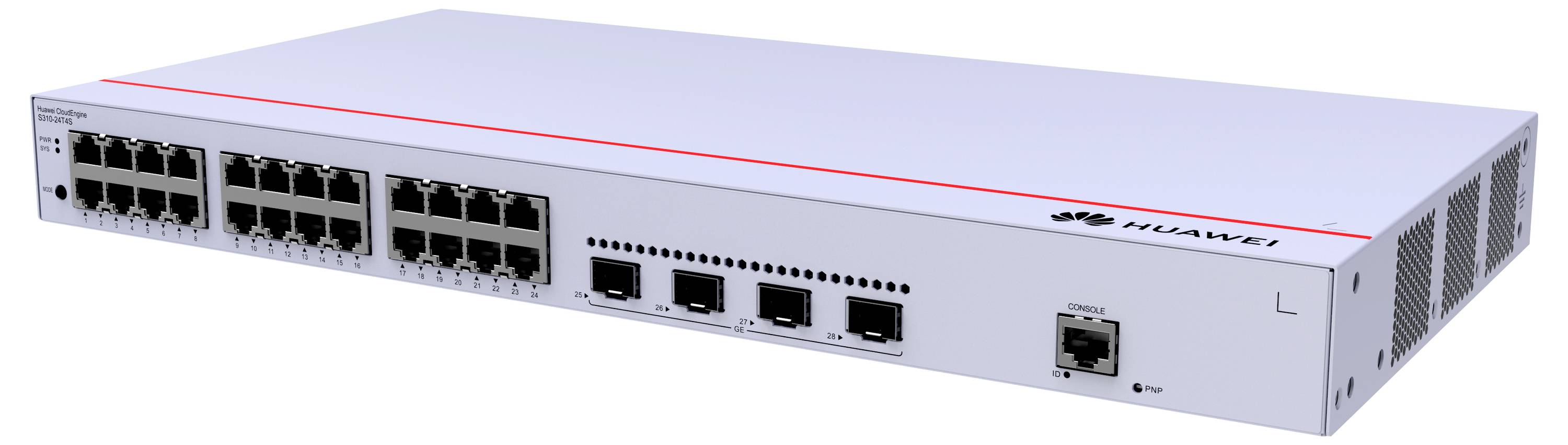 Sieťový switch s viacerými ethernetovými portami a logom Huawei na hornej strane. Vhodný pre distribúciu dát v sieťach.