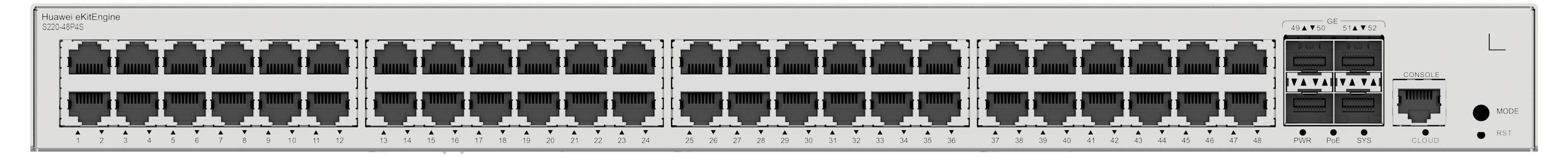 Sieťový prepínač s 48 ethernetovými portami a štyrmi SFP portami, vhodný pre použitie vo veľkých sieťových infraštruktúrach.