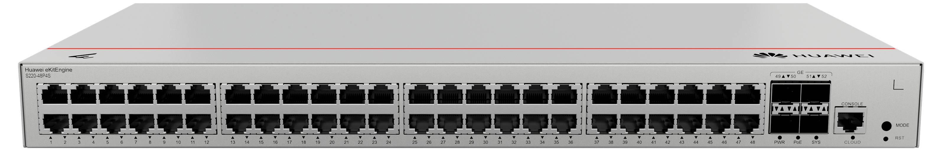 Sieťový prepínač s 48 ethernetovými portami, vhodný na prepojenie zariadení v počítačovej sieti.
