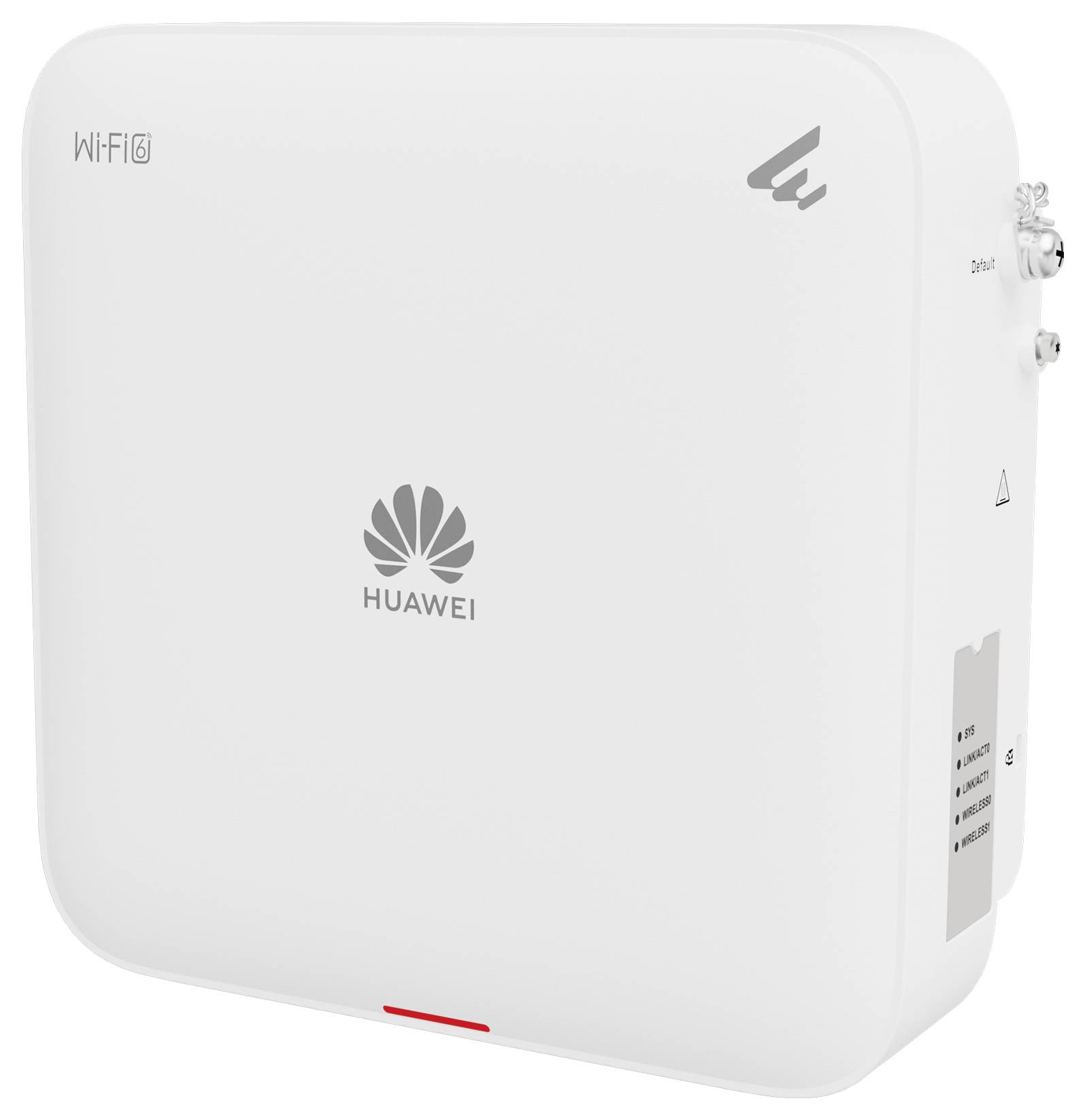 Obdĺžnikový biely WLAN router od Huawei s technológiou WiFi 6, hladkým povrchom a logami na prednej strane.
