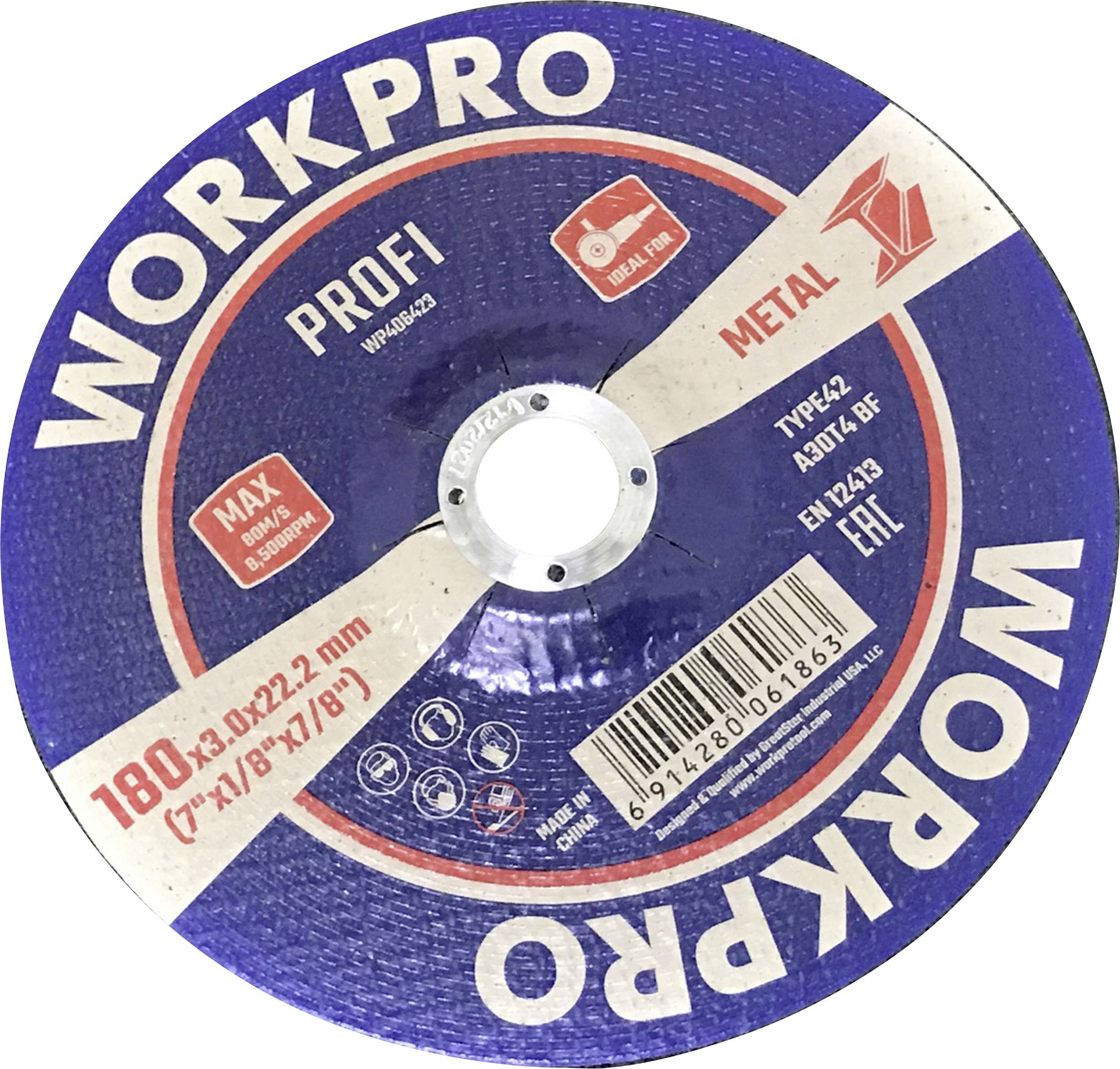 Okrúhli kovový rezný kotúč značky 'Workpro', priemer 180 mm, vhodný pre MAX otáčky 8500 ot./min, vrátane bezpečnostných a aplikačných pokynov.