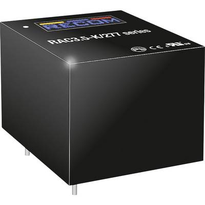 Čierny elektronický komponent v tvare kocky s nápisom 'RAC3.5-K/277 Series'. Sú viditeľné logá CE a FC.
