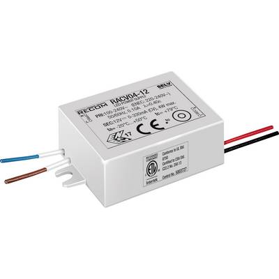Elektronický transformátor 'RACV04-12' s technickými špecifikáciami viditeľnými na kryte, vrátane vstupného a výstupného napätia.