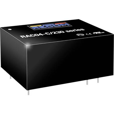 Čierne elektronické modul s nápisom 'RAC04-C/230 series'. Obsahuje certifikácie CE a UKCA. Štyri pripojovacie kolíky dole.