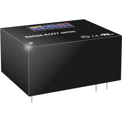 Elektronický súčiastkový transformátor značky 'RECOM', model 'RAC04-K/277 series', s označením CE a RoHS, obdĺžnikový tvar.