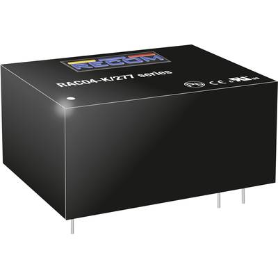 Čierna elektrická súčiastka s označením 'RAC04-K/277 series'. Logo výrobcu hore. Vhodná pre elektronické aplikácie.